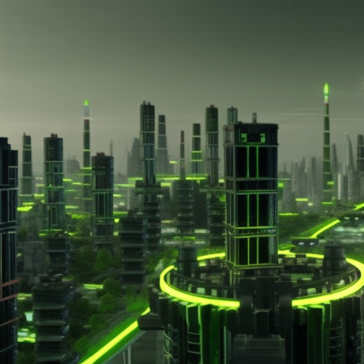 Istic city skyline, surrounded by a green landscape, with tall buildings made of blocks connected together with a vibrant web of glowing energy