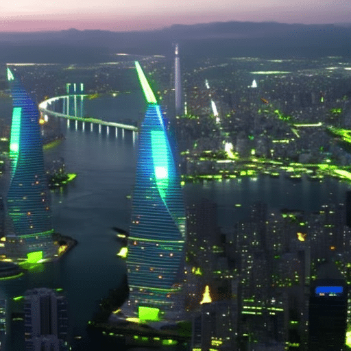 Istic city skyline with a large, iconic building, illuminated by blue and green holographic projections of a glowing mobile device