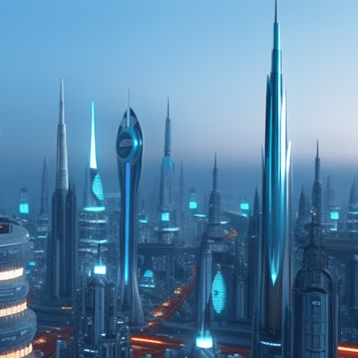 A futuristic city skyline with a large glowing cyan coin centered within it