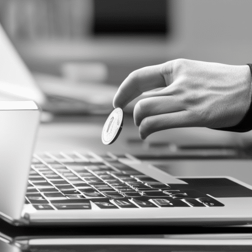 and white image of a hand on a computer mouse, hovering over a visual graph of a Pi Coin analytics dashboard