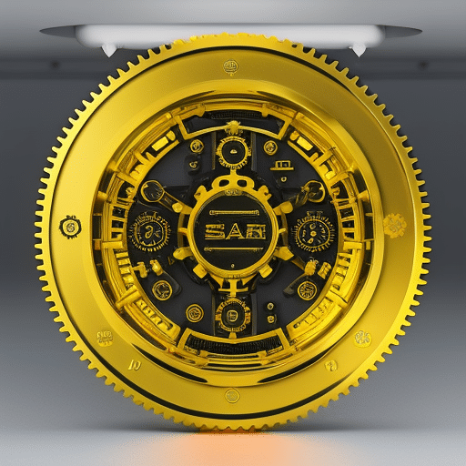 Am of a circular gear system with a PI coin at the center, connected to several machine parts with bright gold accents, representing the AI-powered enhancements