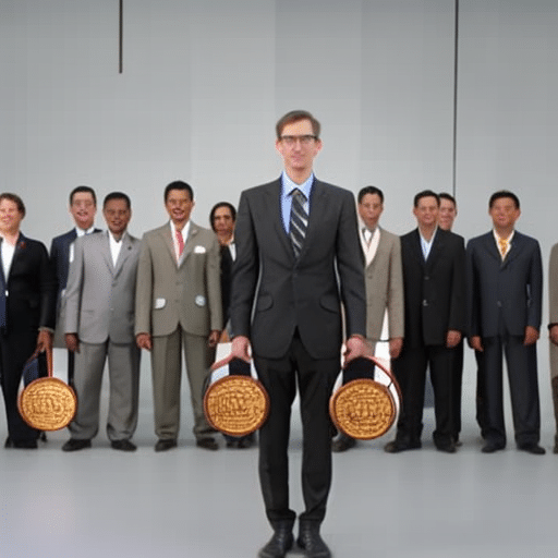 N in a business suit holding a purse full of Pi coins, standing in front of a line of Pi coin users waiting to join