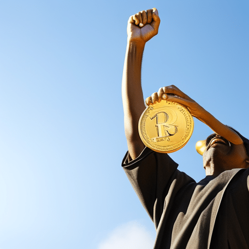 An image of a person with an upward-thrusting arm holding a golden Pi coin above their head in a triumphant gesture