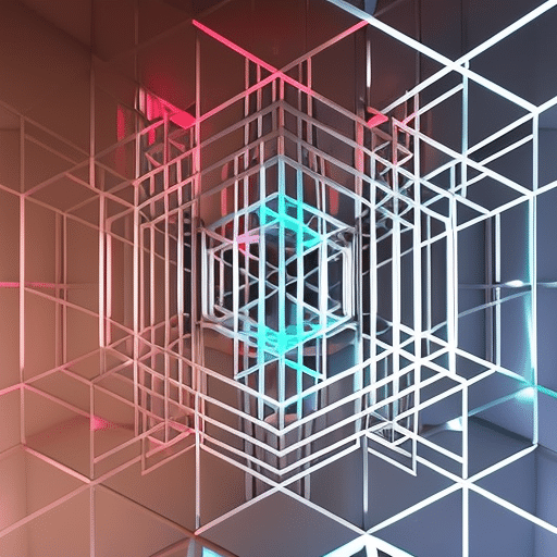 Istic, abstract illustration of a block of interconnected, intersecting cubes forming a 3D structure, with glowing pi symbol embedded in the center