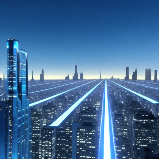 Istic depiction of a city skyline with metallic skyscrapers in shades of blue and silver, a glowing blue force field surrounding the city, and a security hologram hovering in the background