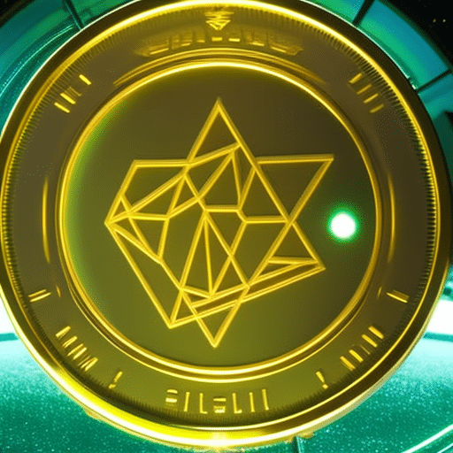 -up of a hand holding a futuristic-looking gold cryptocurrency coin with a glowing green background