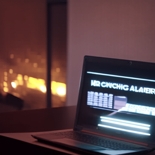 N in a hoodie typing on a laptop in a dark room, illuminated by the neon glow of a cryptocurrency logo on the wall