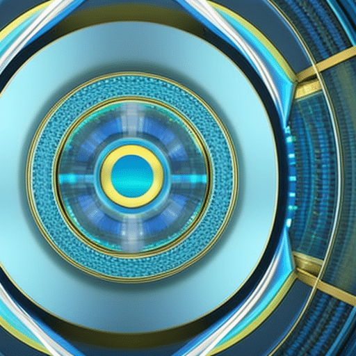 T geometric shapes overlapping one another in a vibrant landscape of blues, greens, and grays, with a golden circle in the center representing the core of the crypto technology ecosystem