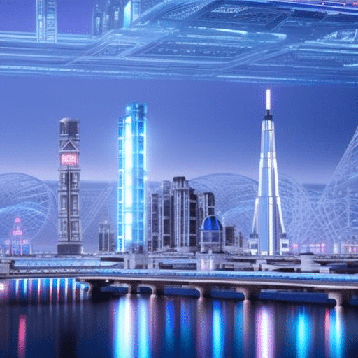 Icate diagram of a futuristic cityscape with interconnected buildings and bridges, illuminated by neon blue light
