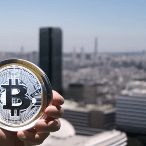 N in the foreground of a futuristic cityscape, holding a physical representation of a cryptocurrency coin in one hand and a smartphone in the other