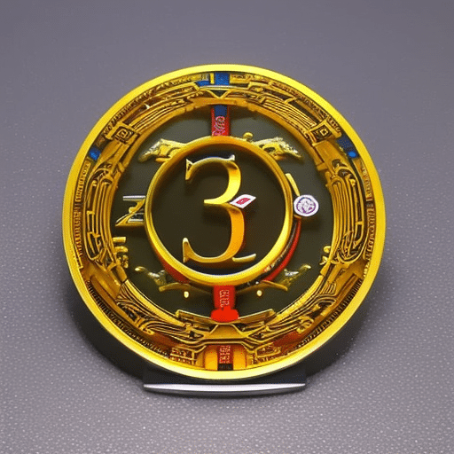 Ful 3-dimensional rendering of a Pi Coin, spinning on its side, with a glowing, intricate digital chain surrounding it