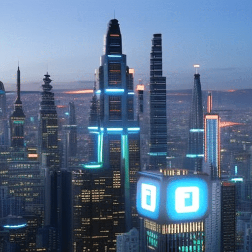 Istic city skyline with a glowing digital currency symbol hovering over it, and a multi-layered cyber wall protecting it