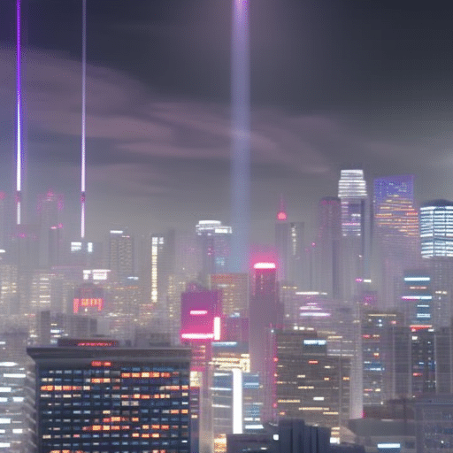 N city skyline with a futuristic, decentralized network of glowing skyscrapers connected by colorful light beams