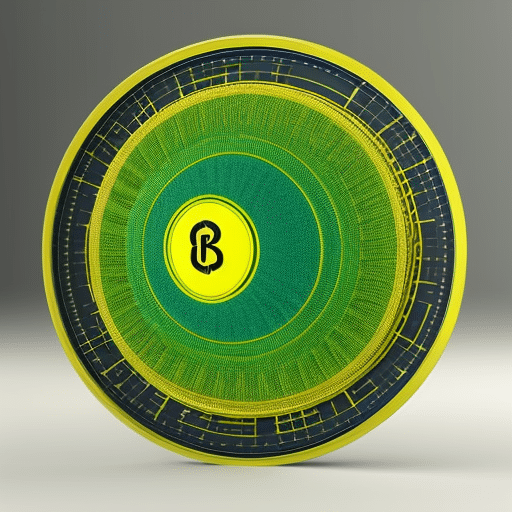 Ensional image of a globe with a bright yellow Pi coin in the center, surrounded by concentric circles of blue and green nodes that represent the decentralized governance of Pi coin