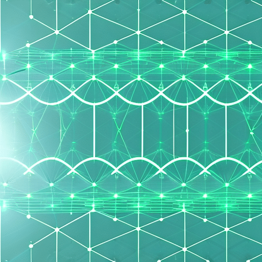 T circles and rectangles in varying shades of blue and green, overlaid on a background of interconnected lines and nodes, to symbolize the development of a secure Pi Coin blockchain infrastructure