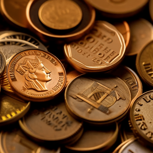 up of a stack of coins with a gold-colored pi coin at the center, surrounded by copper-colored coins