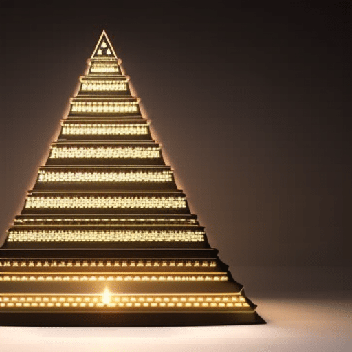 of a pi crypto coin in the center of a pyramid of 3D-rendered email icons, with rays of light radiating out from the coin