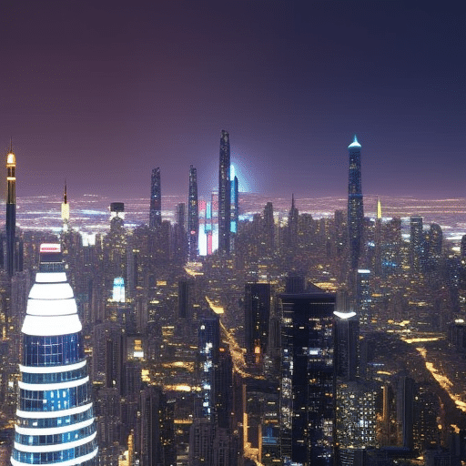 A futuristic city skyline, with bright lights and tall buildings