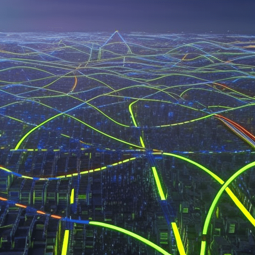 Istic city skyline with interconnected buildings, glowing with a vibrant blue light, surrounded by vibrant yellow and green wires spiraling up toward the sky