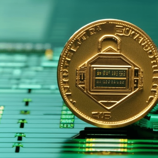 Ter chip with a blue and green circuit board, a padlock, and a gold coin with the pi symbol engraved on it