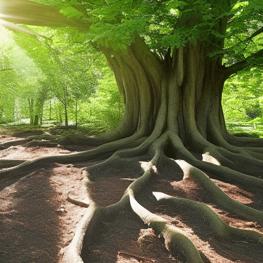 E of a large tree with a healthy root system and a bright sun symbolizing growth and sustainability