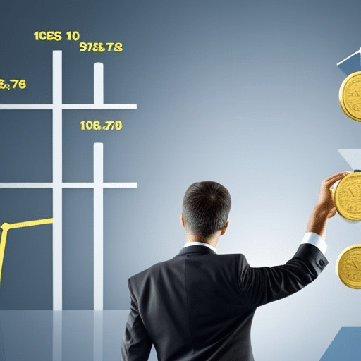 an image of a person in a suit, holding a golden coin with a Pi symbol in the center, and looking thoughtfully at a graph of increasing growth rates