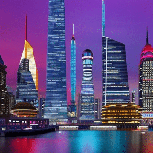 Istic landscape of a city skyline, with skyscrapers and tall buildings, all lit up with a variety of vibrant colors; symbolizing the ever-evolving crypto regulatory framework of 2030