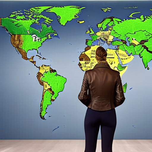 N in an adventurous mood stands in front of a map, ready to trace the path of Pi Coin utility