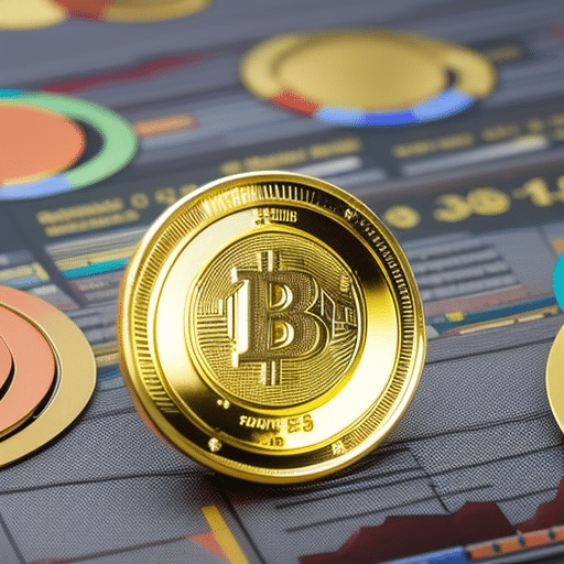 -up of a person's hand holding a gold-plated Pi Coin in the middle of a colorful stock market chart with rising and falling lines