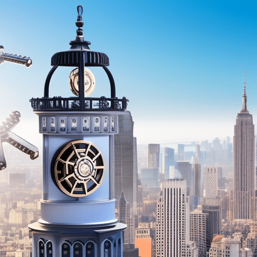 A modern city skyline with a large clocktower in the foreground, its gears and mechanisms hinting at the complexity of smart contracts, with a shining Pi Coin at its center