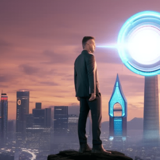 N looking ahead to the future with a digital currency wallet in hand, surrounded by a futuristic cityscape