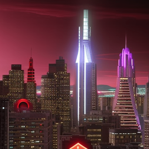 Istic city skyline, with a glowing Pi Coin symbol at the center, reflecting off the surrounding buildings
