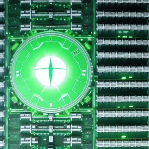Ng emerald circuit board with a small crypto coin in the center, surrounded by solar panels and wind turbines