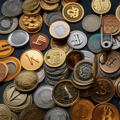 screen image with the left side full of colorful crypto coins and the right side having only a few coins with a magnifying glass