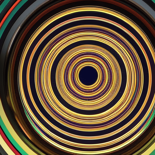 Mputer illustration of a Gold Pi Coin with a spiral of colorful lines radiating out from its center