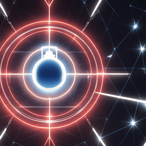 Ic of a padlock in front of a network of glowing, interconnected circles emitting a bright light