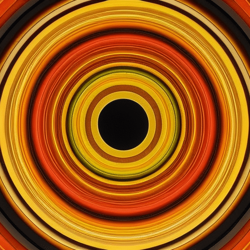 T image of a large circle with a smaller circle inside it, both made up of overlapping concentric circles of various sizes in shades of yellow, orange, and red