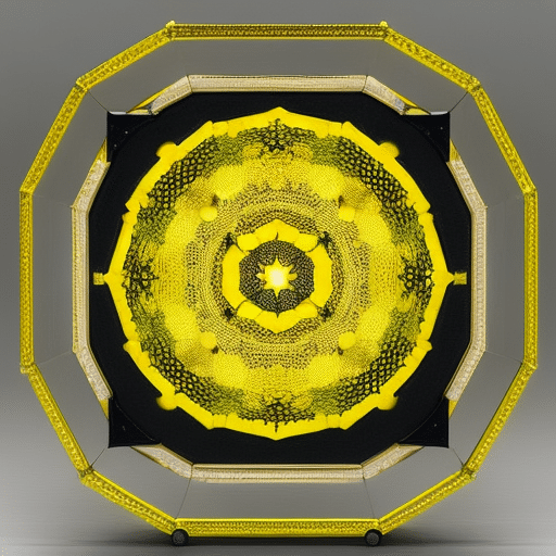 T yellow circle with a partially overlapping gold-colored hexagon, radiating out in eight directions