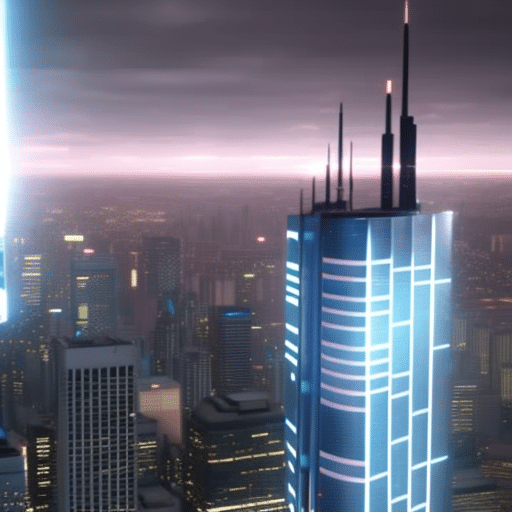 -up of a futuristic, cyber-city skyline with a beam of light connecting two tall buildings, representing the connection of digital payments from one person to another