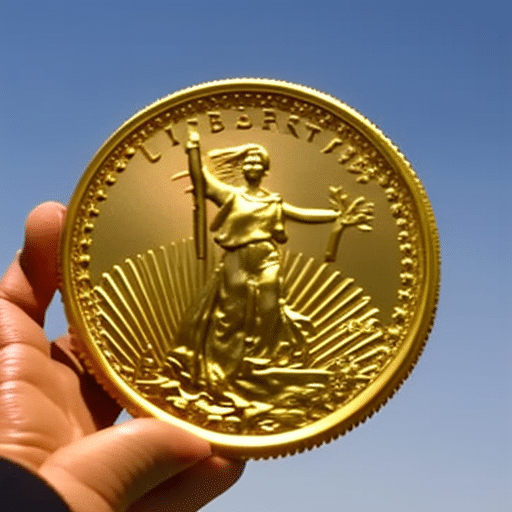 An image of a person with their arm outstretched, fingers intertwined, holding a 3D model of a golden Pi Coin