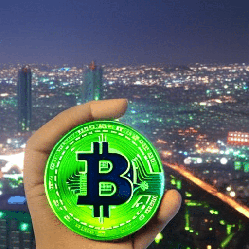 Ful graphic of a hand holding a futuristic-looking digital currency chip, with a background of a global cityscape and a glowing green sky