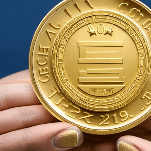 -up of a person's hands holding a gold-colored coin with the Greek letter pi etched in the center and a rising graph in the background