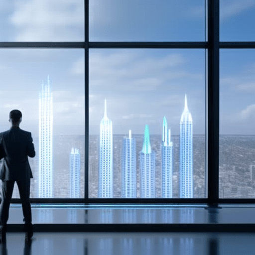 N looking out a window at a futuristic cityscape with a hologram display of a chart displaying cryptocurrency performance