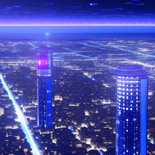 Istic city skyline illuminated with bright blue lights from the data centers powering the AI-driven Pi Coin development