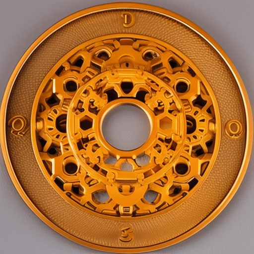Nt scene of interconnected gears and cogs, each radiating a warm orange hue, representing the power of leveraging Pi Coin in decentralized applications