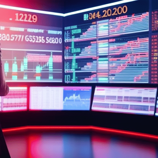 image of a person in a dimly-lit room filled with digital screens, monitoring colorful graphs and charts showing the highs and lows of crypto market liquidity