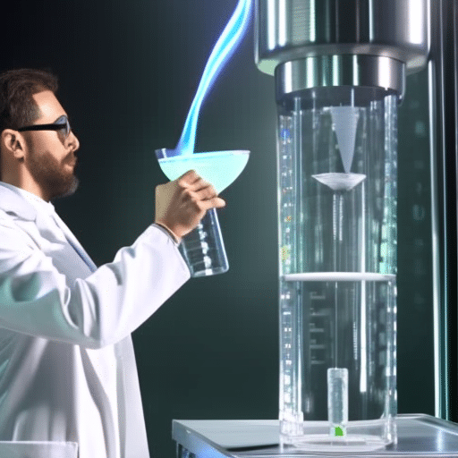 Tech cyborg in a lab coat holding a beaker of water, pouring it into a tall cylinder with a digital scale and a blockchain symbol at the bottom