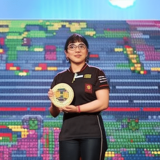 Ated video game character holding a PI coin in one hand and a NFT in the other, standing in a colorful, gaming-inspired landscape