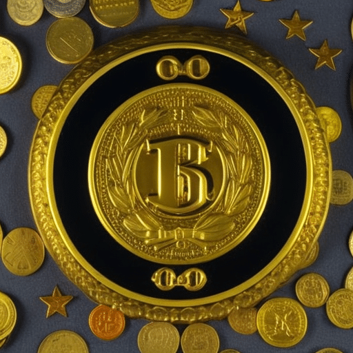 T yellow pi symbol, with a golden ring, surrounded by a cloud of multi-colored coins