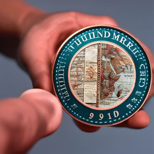 Ze a hand holding a Pi Coin with a map of an emerging market in the background